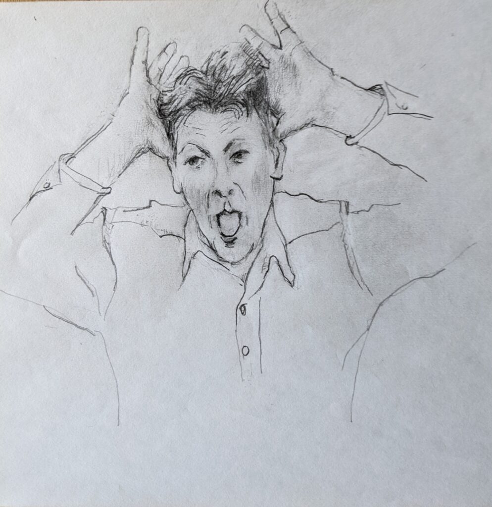 A drawing of a man making a face